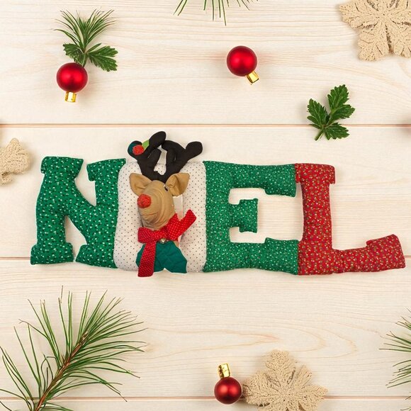 VTG Christmas Noel Banner Quilted Stuffed Wall Decor Reindeer Rudolph Handmade - Picture 1 of 8